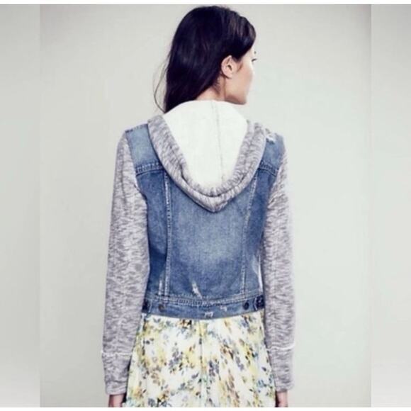 Free People Indie Wash Knit Hood & Sleeve Sweater Pure Cotton Jean Jacket - Picture 6 of 13